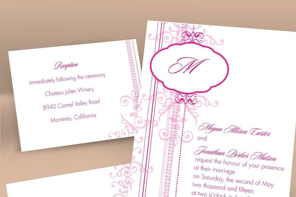 High Style Separate and Send Wedding Invitations -  High style for a low price is exactly what you get with this white separate and send invitation featuring a damask pattern accenting your wording. Choose an ink color for your wording. Design will be printed in the same ink color. Separate and send invitations come with two detachable enclosure cards (respond card and reception card) on one convenient sheet. They also come with invitation envelopes and respond card envelopes for a complete, coordinated stationery set.  5 1/8