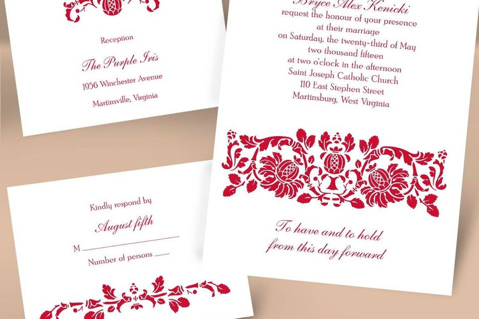 Damask Band - Seal and Send InvitationA band of elaborate damask flows along the top of this white seal and send wedding invitation, highlighting your sophisticated wedding style. Damask design prints in the same ink color as your wording. This style of seal and send includes your response wording, reception wording and an additional area for other wedding details. You may choose to purchase a plain white response card with envelope instead of, or in addition to, the response wording on your invitation. Your return address is printed on the coordinating seals included with the seal and send. The seal is placed on the front to secure the invitation closed