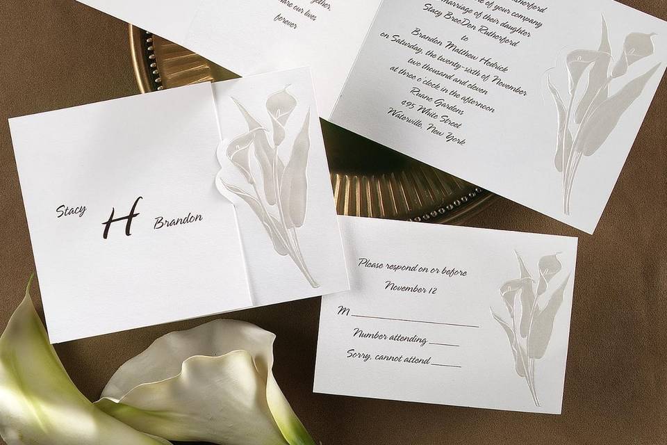 Crazy for Callas Wedding Invitations - Beautifully embossed calla lilies surround your wording on the front of this ecru invitation. A slim embossed frame adds further distinction.  Folded Size: 4 1/2