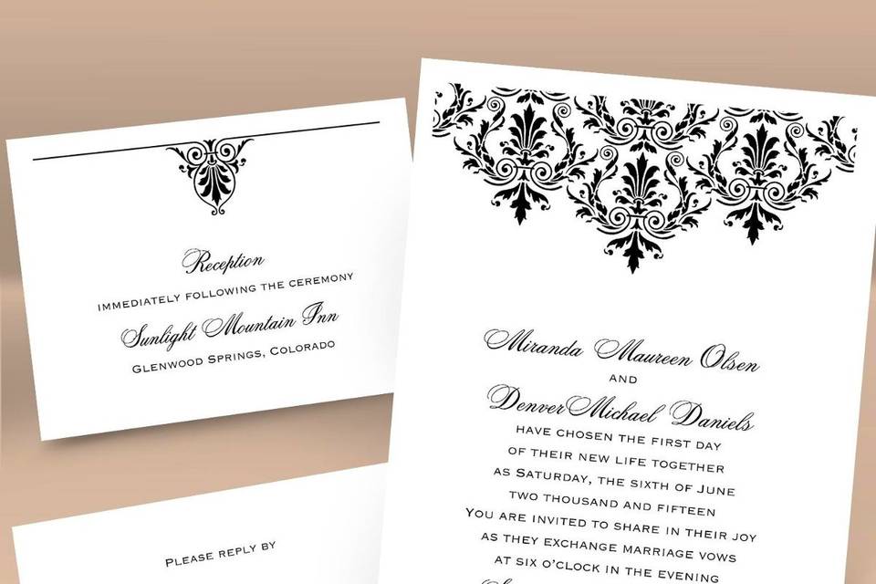 Victorian Damask Separate and Send Wedding  Invitations - The look of Victorian damask gives this white separate and send invitation a uniquely stylish quality. Choose an ink color for your wording. Design will be printed in the same ink color. Separate and send invitations come with two detachable enclosure cards (respond card and reception card) on one convenient sheet. They also come with invitation envelopes and respond card envelopes for a complete, coordinated stationery set. Check out lined inner envelopes for a colorful addition to your invitation ensemble! Special Note: Separate and send enclosures are perforated for detaching from invitation.  Invitation size: 5 1/8 