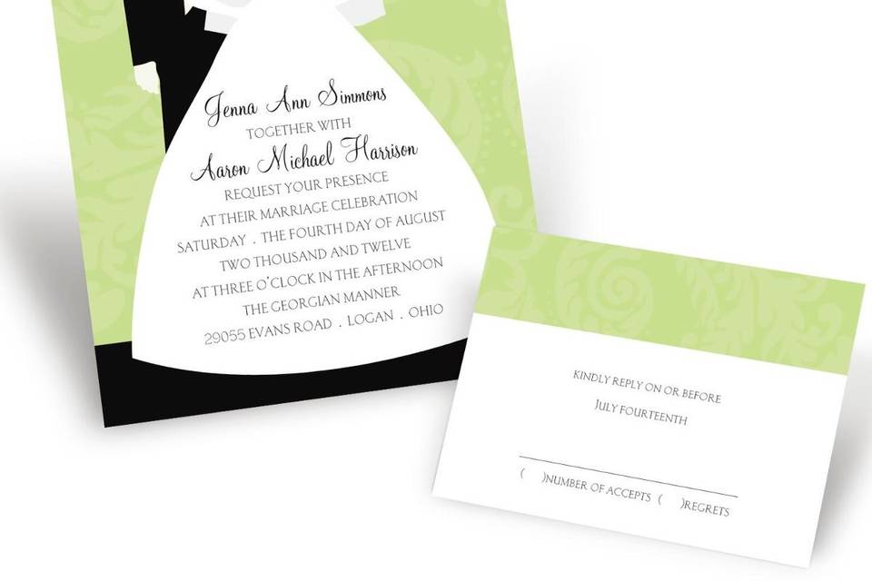 Flowers and Flourishes Grapevine Wedding Invitations - A colorful floral sketch accented by faint flourishes in the background creates a touch of whimsical charm on this white, non-folding invitation. Choose an imprint color and typestyle for your wording. Format only available as shown. Enclosures and thank you notes are printed on non-folding cards. Invitation size: 4 5/8