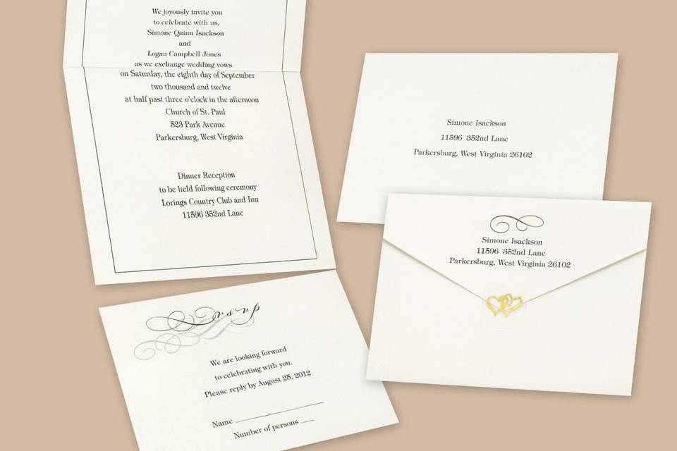 Love Struck Wedding Invitations - Silver-embossed hearts sweetly highlight your names at the top of this non-folding bright white invitation. Your wording is showcased beneath the design for a heartfelt introduction to your special day.  Card Size: 5