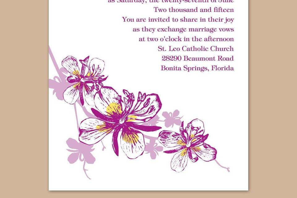 Flowers and Flourishes Grapevine Wedding Invitations - A colorful floral sketch accented by faint flourishes in the background creates a touch of whimsical charm on this white, non-folding invitation. Choose an imprint color and typestyle for your wording. Format only available as shown. Enclosures and thank you notes are printed on non-folding cards. Invitation size: 4 5/8