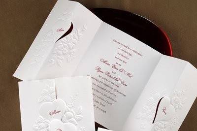 Watercolor Roses Scarlet Wedding Invitations - Watercolor roses lend a refined quality to this white, non-folding wedding invitation. Your choice of imprint color and typestyle for your wording. Enclosures and thank you notes are printed on non-folding cards.  Invitation size: 6 1/4