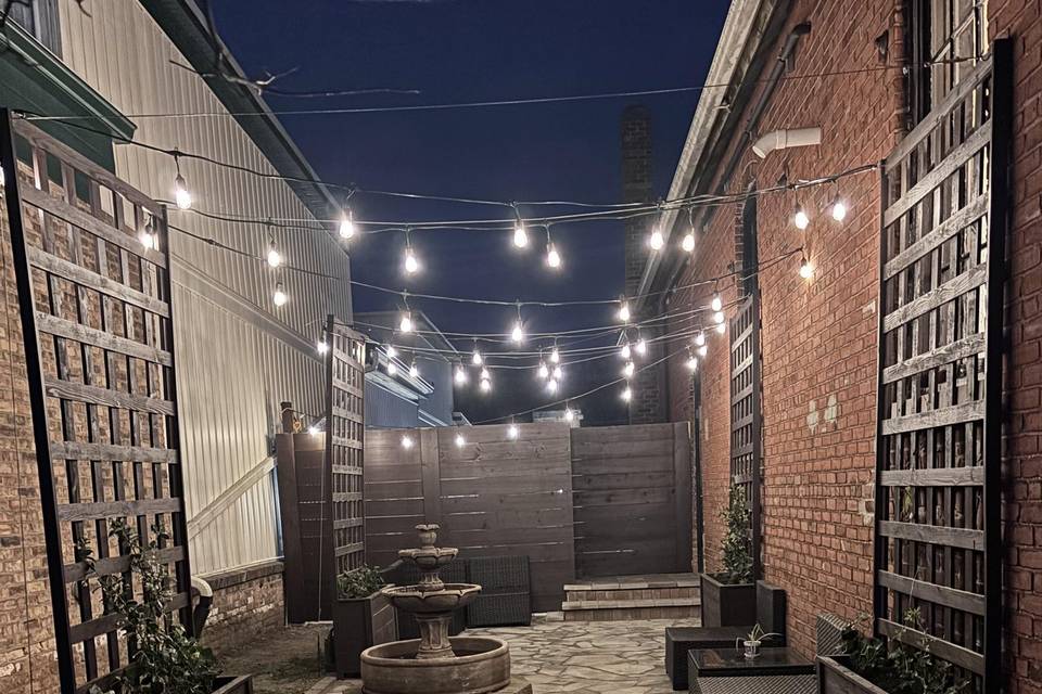 Outdoor courtyard at night