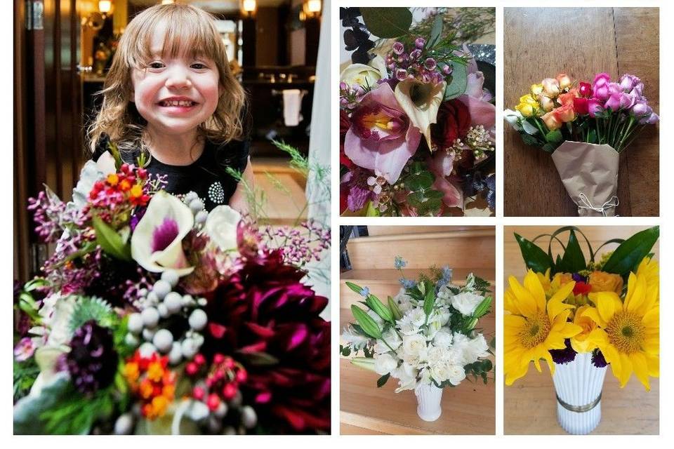 An asdortment of bouquets and arrangements. (My precious girl holding the bouquet!).