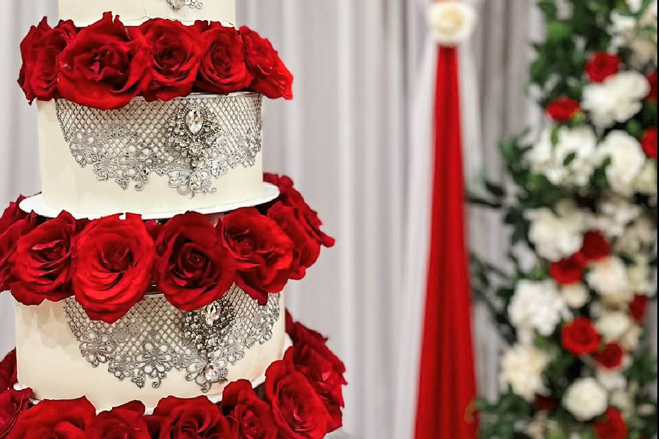 Silver lace and red roses