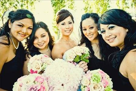 Make up done by Sarah Bachman for all in photo except bride and bridesmaid on the very right.
Bride make up and hair: Jill Cuarto