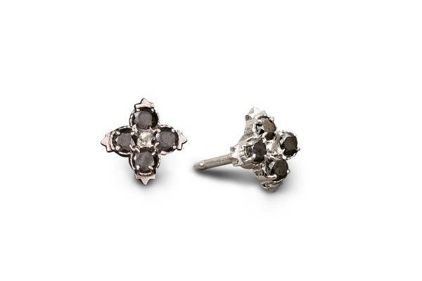 The perfect piece to go with the Cross of Floral Blooms. Simple yet elegant piece that displays a black bloom floral. The beadwork follows the feel of the romance from another time.
Set in 14K White Gold, 14K White Gold post earrings with butterfly backs
Black Diamonds: 8 diamonds