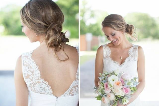 Front and back details of hairdo and dress