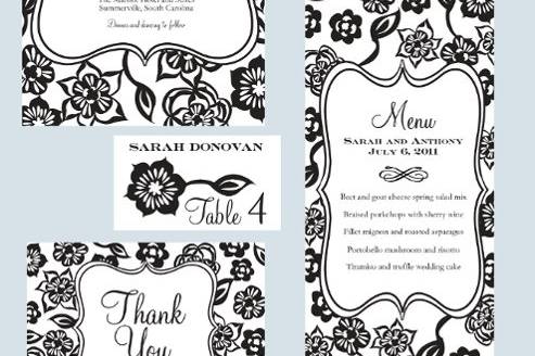 Black and White Folk Floral invitation suite.  This design can be made using many different colors.