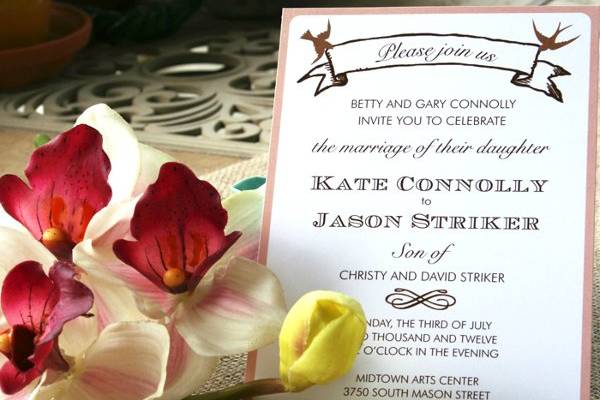 Modern Vintage Birds with Banner Wedding Invitation.  The colors and words can be changed to match your wedding!