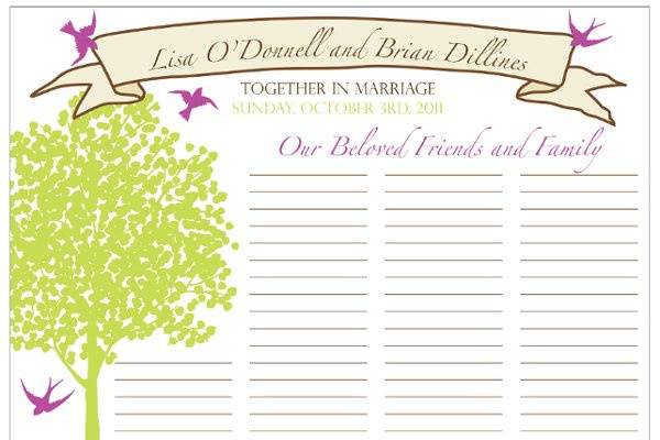 Have your guests sign this elegant and rustic guest book poster featuring a tree with flying birds.