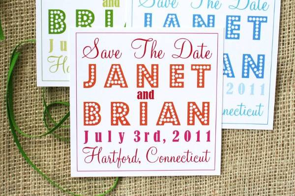 Modern and Vintage fonts are used in this colorful save the date card