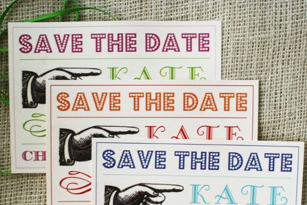 This oversize save the date card uses modern and vintage fonts for a bold statement.
