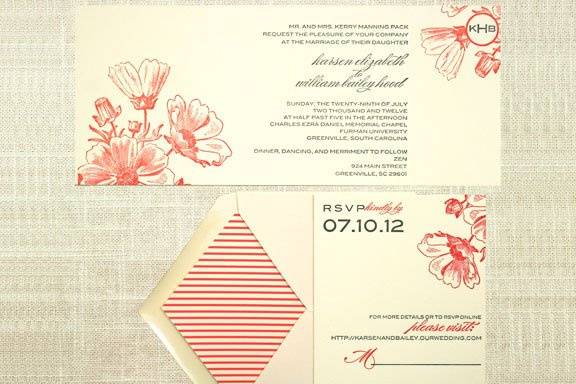 Modern Vintage Letterpress Invitation for a Greenville, SC couple.  Wedding at Furman Chapel and Ceremony at Zen in downtown Greenville.