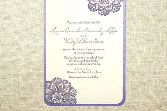 This letterpress invitation was printed for a Spartanburg, SC couple getting married at Claxton Farm.