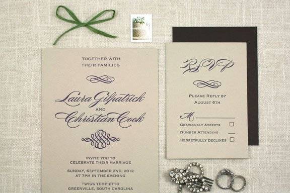 This elegant letterpress invitation was printed for a Spartanburg, South Carolina couple getting married at Twigs Tempietto in Greenville.