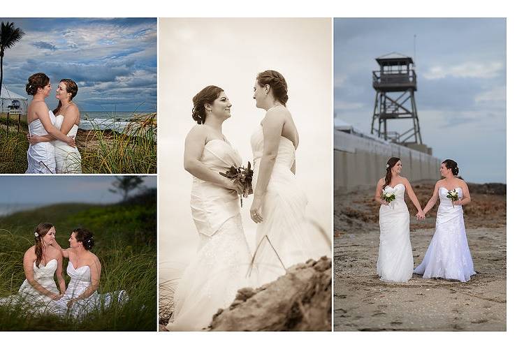 Two Brides are better than one!  Here our ladies embrace during their romantic wedding portraits following their LGBT wedding on the beach.  This is actually one of their wedding album page designs