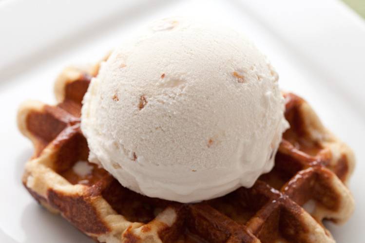 Our signature Liege waffle topped with a scoop of English Toffee ice cream from Fosselmans ice cream. For your event, you are welcome to choose any flavor you wish for your guests.