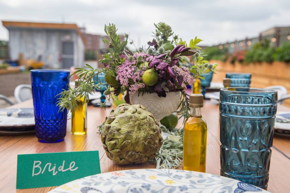 Table setup with flower centerpiece