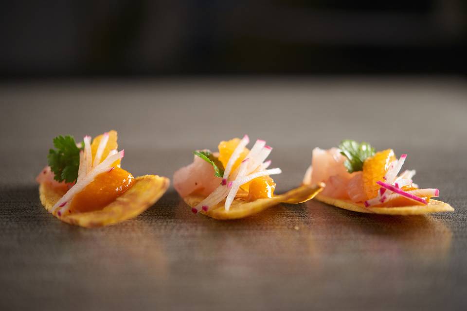 Tray Passed Hors D'oeuvre: himachi crudo, plantain chip