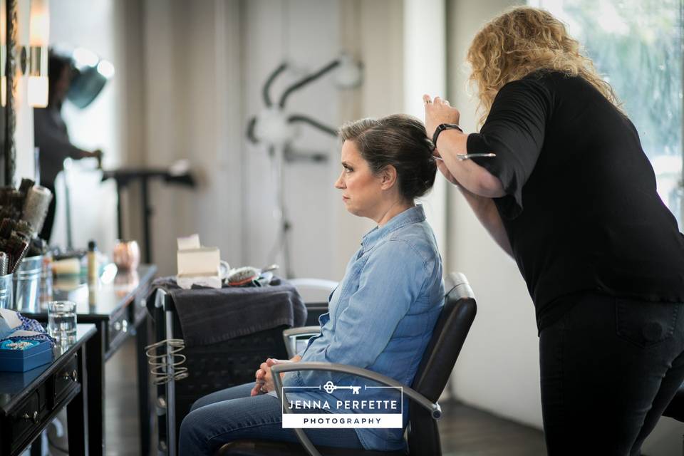 Bride getting her hair done