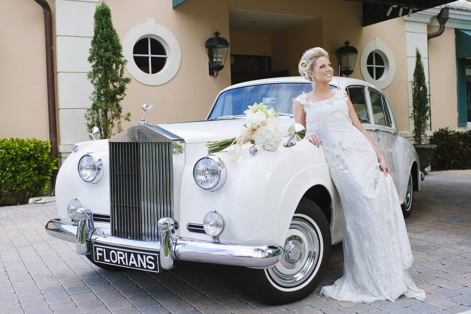 White vintage bridal car