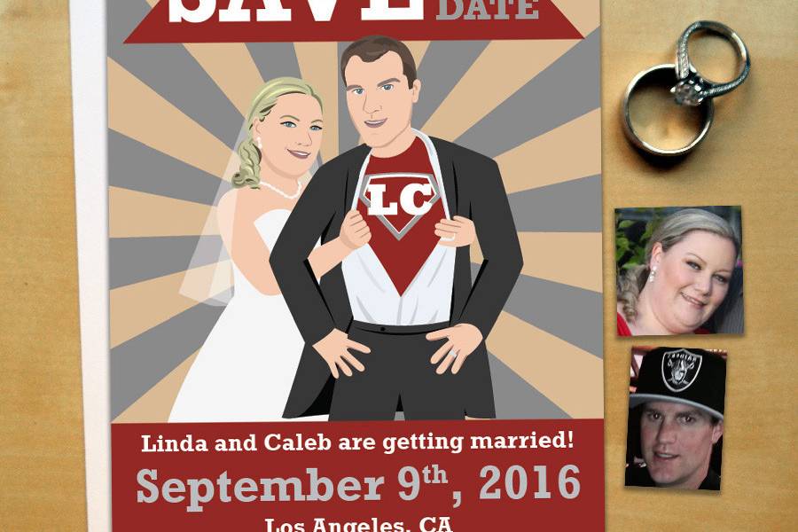 These fun superhero wedding save the date cards/magnets are the perfect announcement for your whimsical wedding! Each couple will be illustrated to their likeness in the same pose. Initials on the chest and text are customizable! Colors are also customizable based on your wedding colors. Background and layout design remains the same.