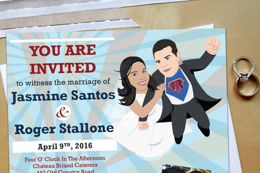 Picture Your Love specializes in wedding cartoon portraits!
These Superhero Wedding Invitations are the perfect announcement for your whimsical wedding! Your caricature will be drawn based off your photos and/or description!
Each couple will be illustrated to their likeness in the same pose. Initials on the chest and text are customizable! Colors are also customizable based on your wedding colors. Background and layout design remain the same.
Matching RSVP cards are available.