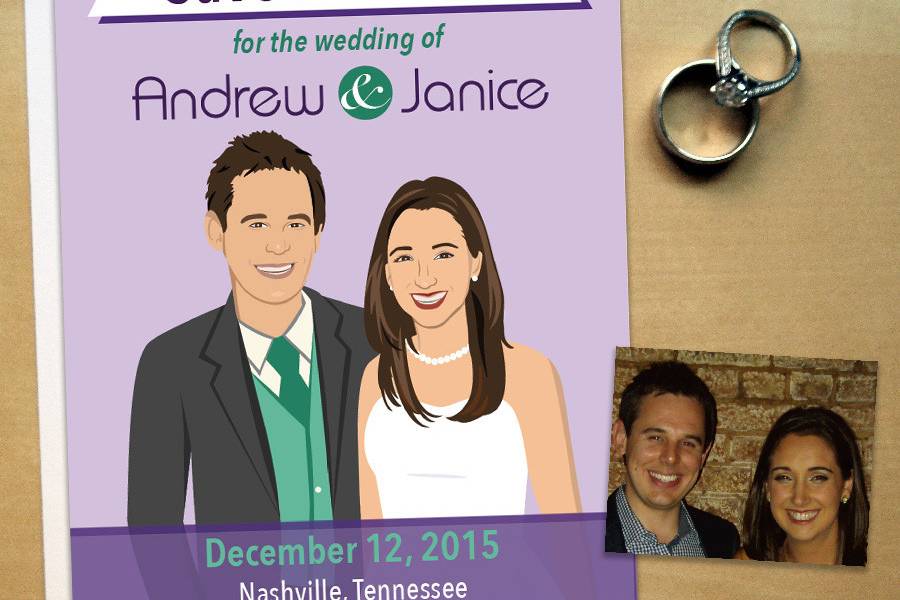 Picture Your Love specializes in wedding cartoon portraits!
This fun wedding save the date design comes in cards or magnets and is the perfect announcement for your creative wedding! Each couple will be illustrated to their likeness in the same pose. Colors are also customizable based on your wedding colors. Layout design remains the same. White envelopes come with all magnets.