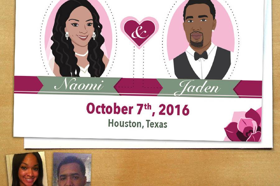 These unique save the dates include a cute custom portrait of each couple. Colors are also customizable to the couple. Reasonable edits are allowed. Turnaround time is 3-5 business days. These save the dates are printed in cards or magnets.