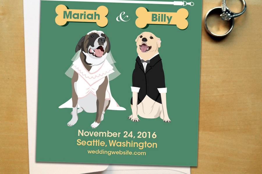 These fun custom pet portrait save the dates come in cards or magnets. Your pets will be illustrated to their likeness and is a creative way to incorporate them into your wedding! Colors are also customizable to tailor to your wedding colors.