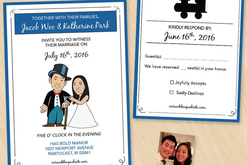 Picture your love specializes in cute cartoon portraits for couples and wedding stationery!
These wedding invitations are the perfect announcement for fun couples who love board games! Each couple will be illustrated to their likeness in the same pose. The groom will be drawn as Mr. Monopoly! These invitations are reminiscent of the Boardwalk Title Deed!