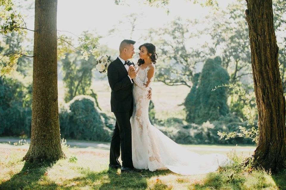 Bride and groom outdoors