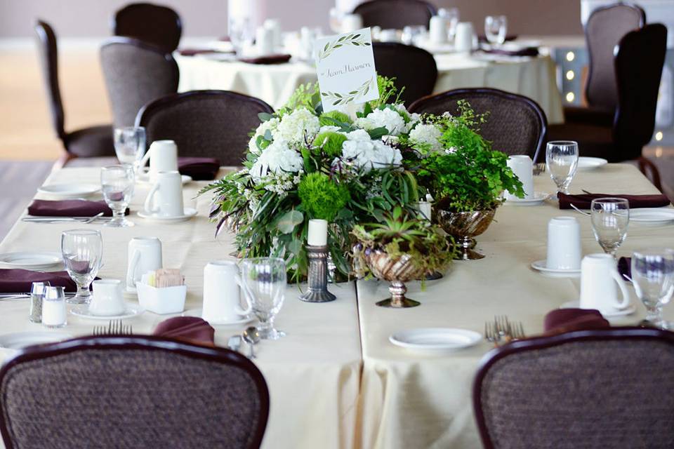 Head table with silk organza chandeliers