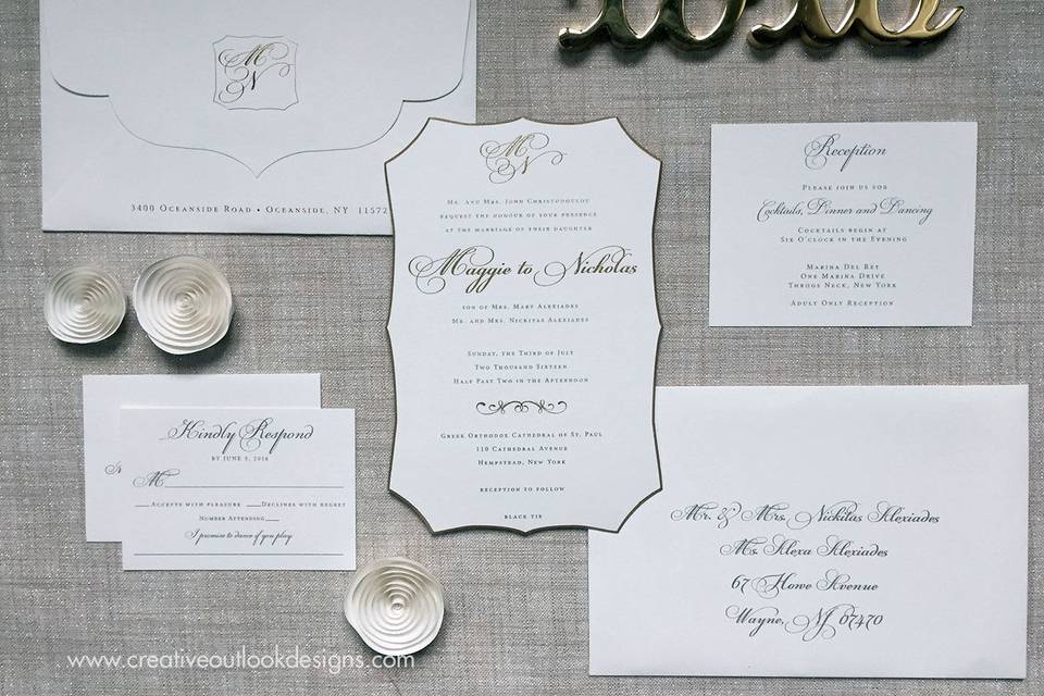 Die cut Wedding Invitation Suite with Gold Painted Bevel Edging.