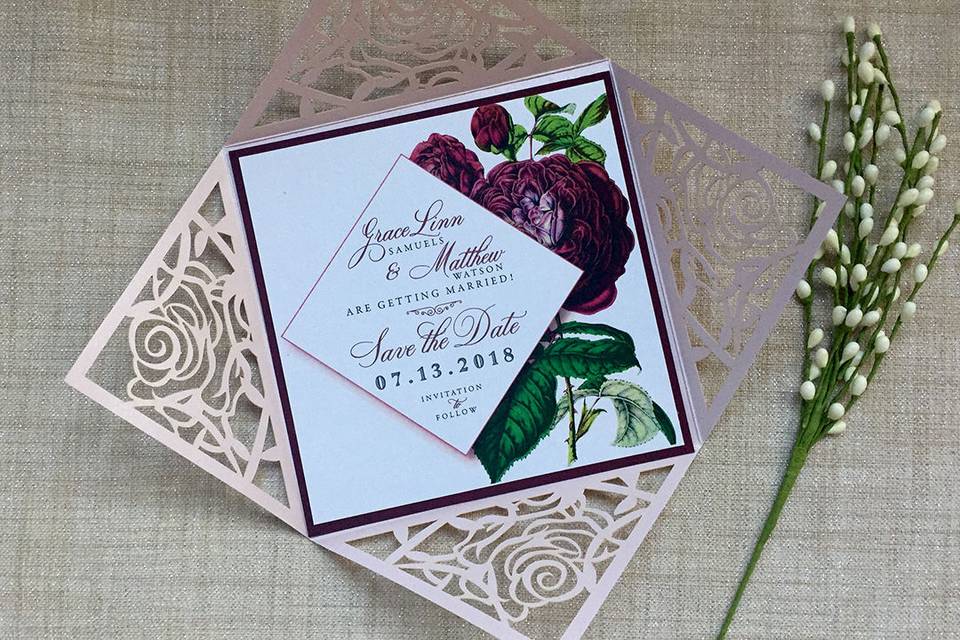 Blush Lasercut with Marsala Bloom Save the Date.