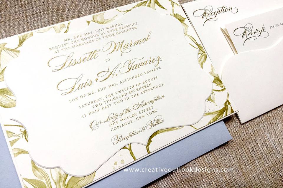 Greenery Wedding Invitation Suite with Gold Thermography.
