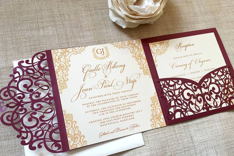 Wine Laser cut Wedding Invitation Pocket with Gold Lace Design