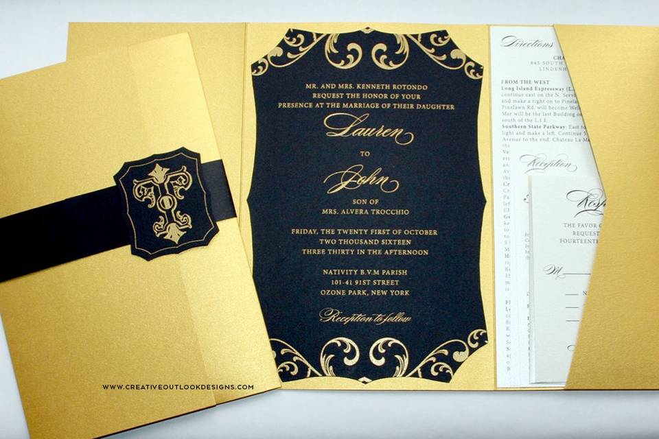 Black and Gold Die cut Pocket Invitation with Custom Monogram and Gold Thermography.