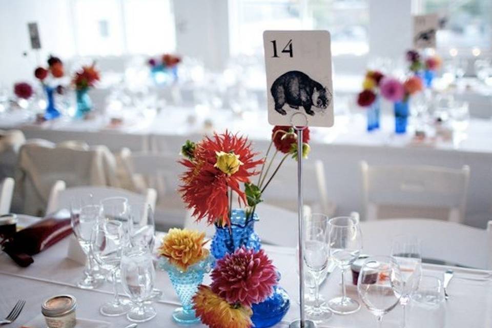 The only flowers we used were Dahlias, per the bride and grooms request. The bride collected blue glass vases and bowls for the tables. Each table was slightly different. The colors were fantastic in the modern, white, bare-bones room.