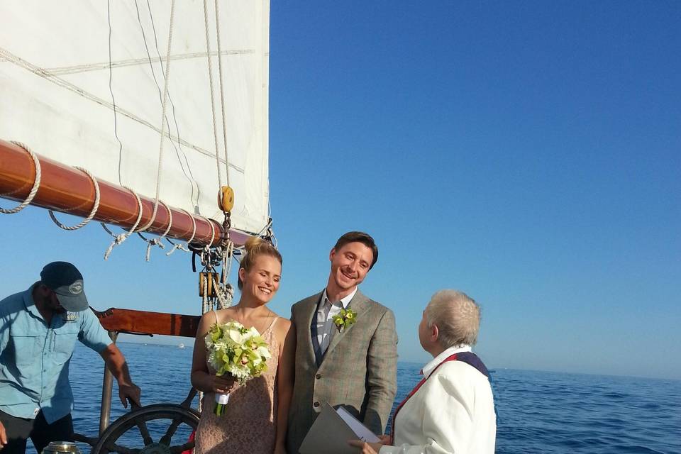 Steve and Jessica's wedding ceremony on the Schooner Hindu out of Provincetown - with Meatloaf the bulldog and the rest of the family.
