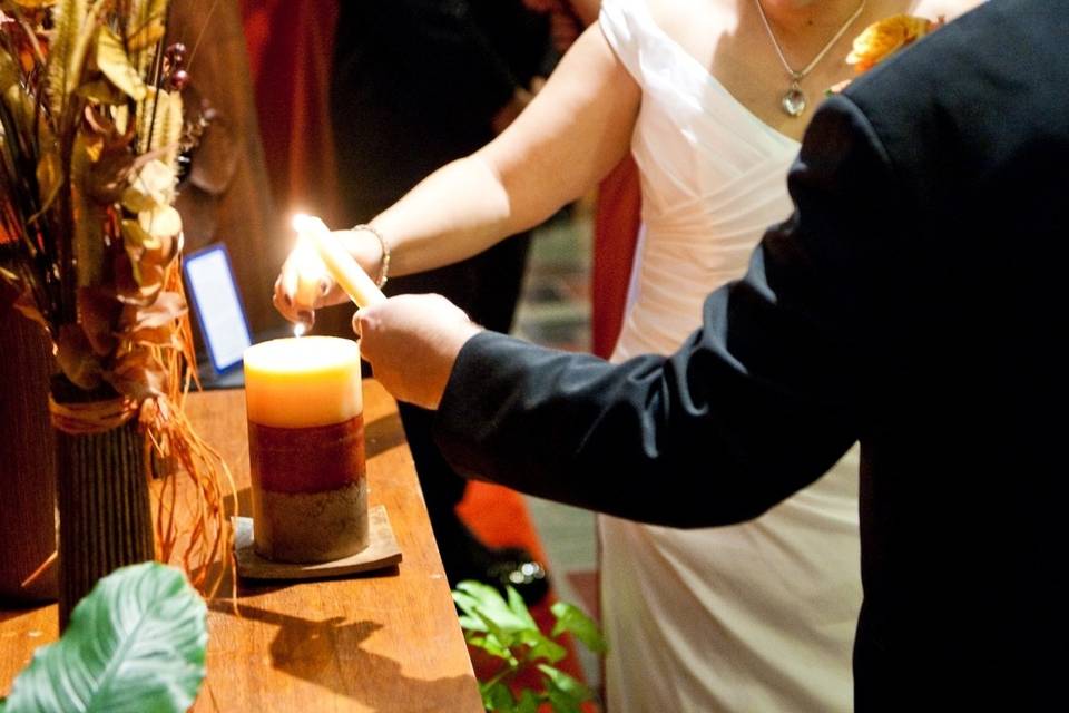 Lighting of the unity candle during a ceremony at the First Unitarian Church of Wilmington, Delaware