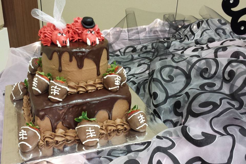Arkansas Razorback Groom's Cake with Chocolate Covered Strawberries