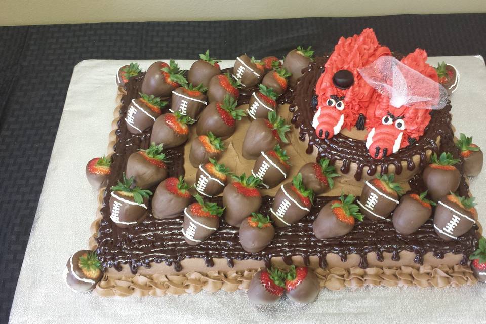Razorback Themed Groom's Cake with Chocolate Covered Strawberries.