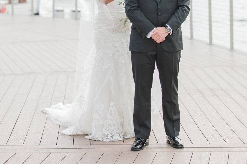 Groom wearing custom tuxedo