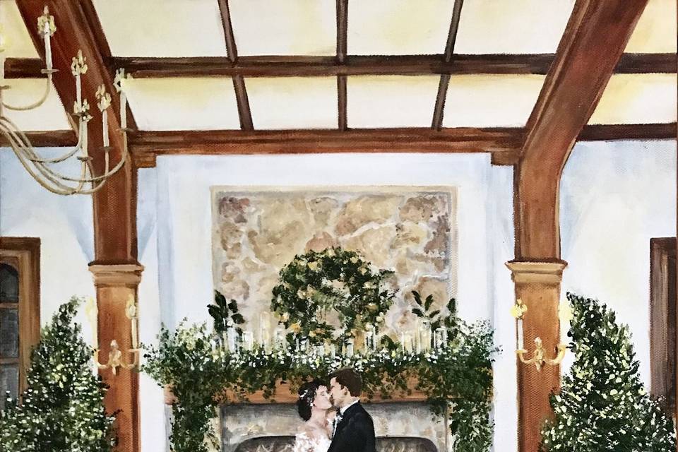 Painting of the newlyweds by the fire place