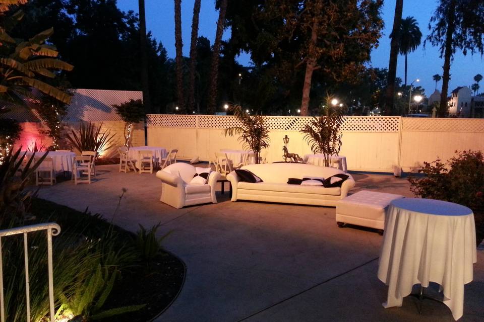 Evening view of the outdoor lounge area