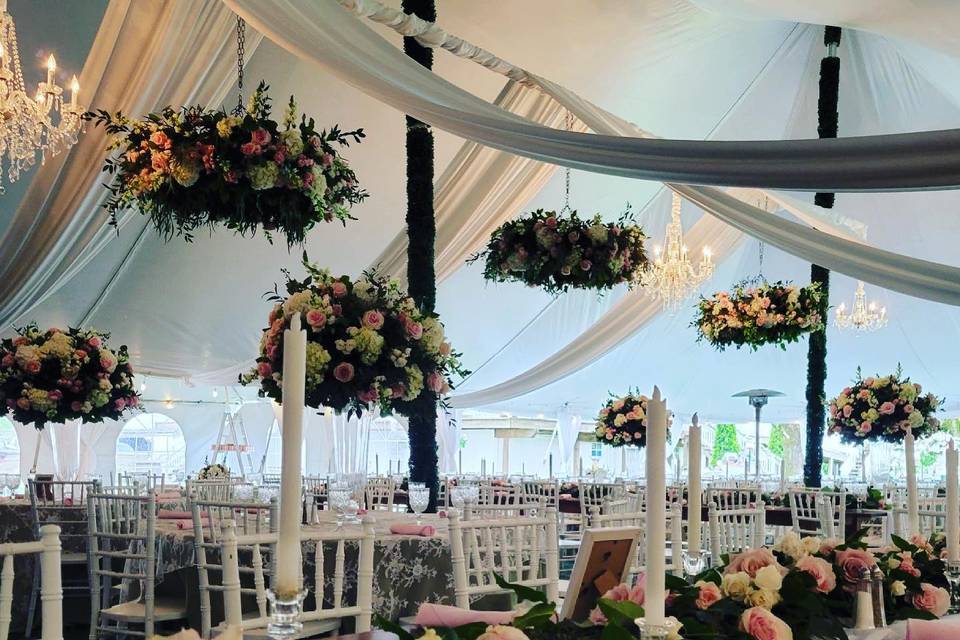 Flowers hanging in tent